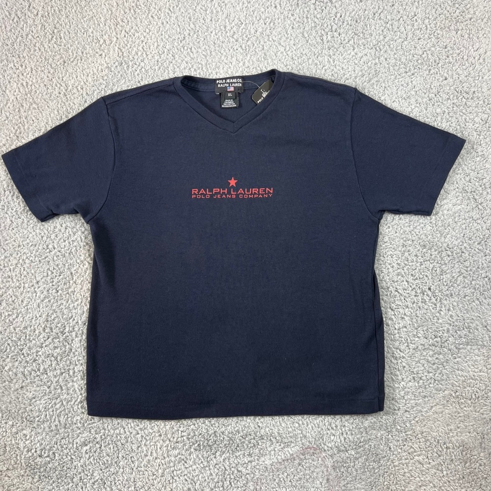 Polo Jeans Co Ralph Lauren Kids Navy Blue V-Neck T-Shirt Red‎ US Size XL VTG NWT